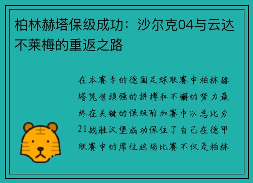 柏林赫塔保级成功：沙尔克04与云达不莱梅的重返之路