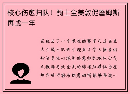 核心伤愈归队！骑士全美敦促詹姆斯再战一年